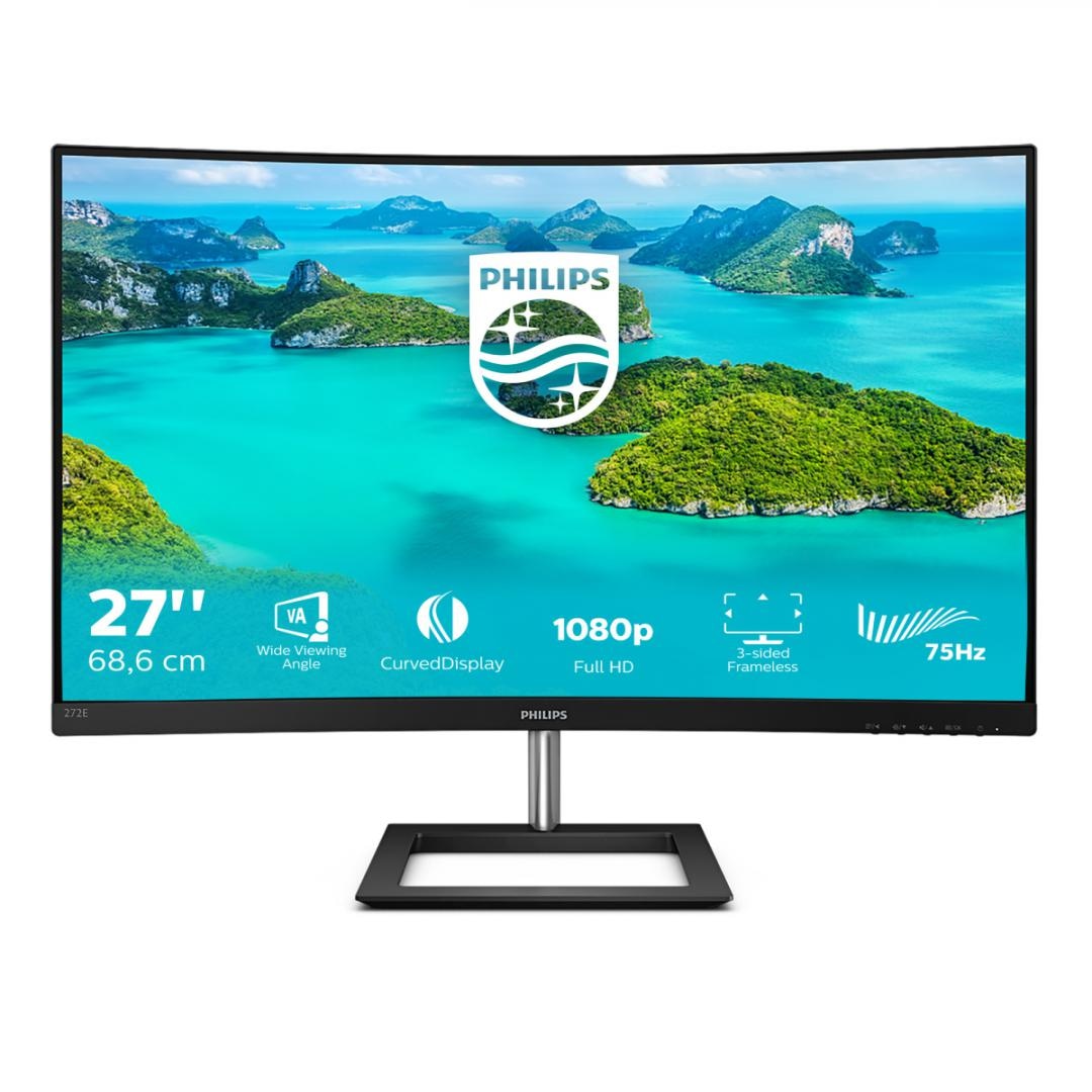 Monitor 27" Philips 272E1CA, Curbat 1500R, FHD 1920*1080, 75 Hz, 4 ms ,VA, 16:9, 250 cd/ mp, 3000:1, Mega Infinity DCR, Anti-Glare, 3H, Haze25%, WLED, 178/178, Low Blue Mode, FreeSync, VGA, HDMI, PC audio-in,Headphone out, boxe 2*3W, 3-sided frameless, cablu HDMI inclus, VESA100x100, culoare negru
