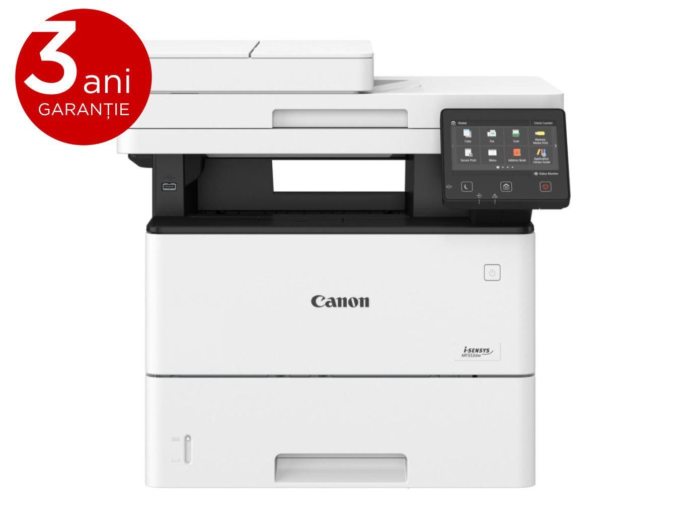 Canon MF553DW, Multifunctional laser mono dimensiune A4, viteza printare 43 ppm, Print,Copy,Scan,Fax,  Duplex, rezolutie: 1200 x 1200 dpi, FPO: 5.7 sec, Procesor 800Mhz x 2, Memorie RAM 1GB, Limbaje de printare: UFRII, PCL 5e2, PCL6, Adobe® PostScript3, Viteza copiere: 43ppm, rezolutie: 600 x
