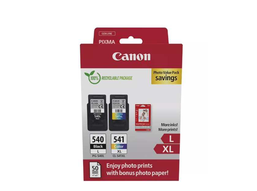Canon pachet cartuse cearneala PG-540L/CL-541XL Photo value pack, capacitate negru: 300 pagini/11ml, Color: 400 pagini / 15ml, Compatibil cu: PIXMA GM2050, PIXMA MG2140, PIXMA MG2150, PIXMA MG2155, PIXMA MG2250, PIXMA MG3140, PIXMA MG3150, PIXMA MG3250, PIXMA MG3550, PIXMA MG3650, PIXMA MG3650S