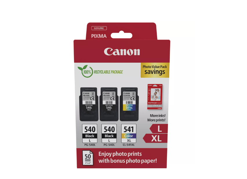 Canon pachet cartuse cearneala PG-540L X2 /CL-541XL Photo value pack, capacitate negru: 2 X 300 pagini/11ml, Color: 400 pagini / 15ml, Compatibil cu: PIXMA GM2050, PIXMA MG2140, PIXMA MG2150, PIXMA MG2155, PIXMA MG2250, PIXMA MG3140, PIXMA MG3150, PIXMA MG3250, PIXMA MG3550, PIXMA MG3650, PIXMA