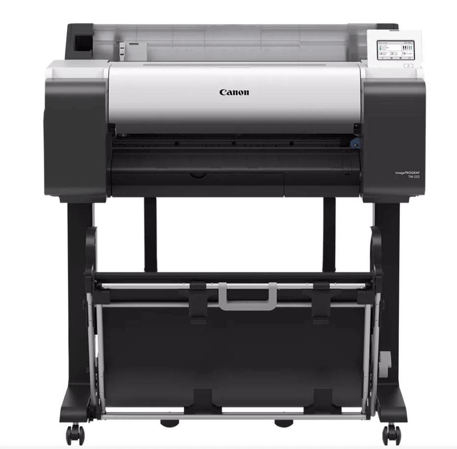 Plotter Canon imagePROGRAF TM-255 + HDD 500GB, 24"(610mm), format A1, 5 culori, rezolutie max 2400x1200dpi, memorie 2GB, limbaje de imprimare: HP-GL/2, HP RTL, PDF (Ver. 1.7), JPEG (Ver. JFIF 1.02), CALS G4 (submission via FTP only), display LCD 4.3", interfata: USB 2.0, Ethernet,WIFI consumabile