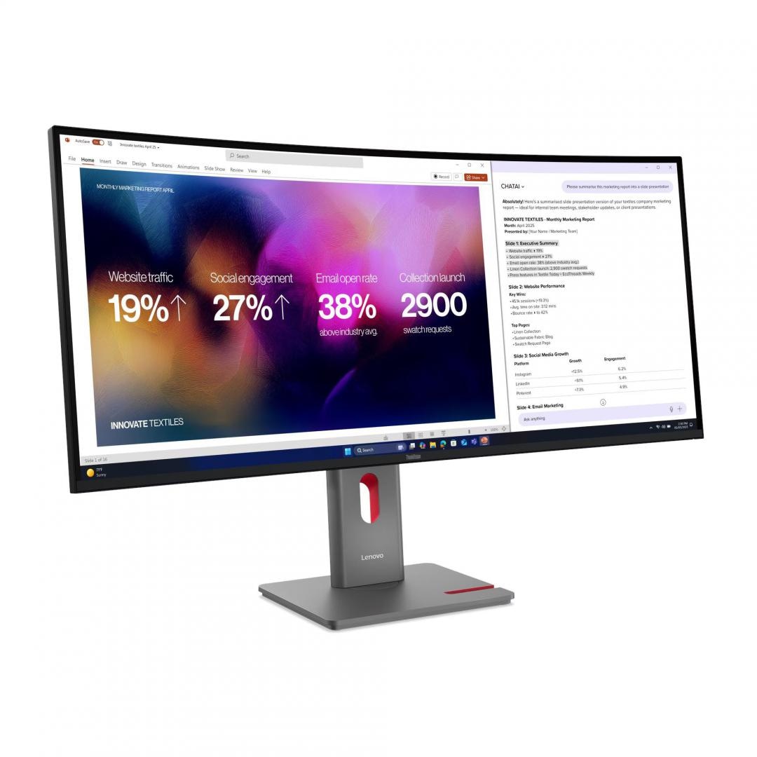 Monitor  LenovoThinkVision P40WD-40 Monitor; 39.7"IPS, WUHD (5120x2160), 21:9, Brightness: 400 cd/m², Contrast ratio: 2000:1, Response time: 4ms GtG (Extreme mode) / 6ms GtG (Typical mode), Dot / Pixel Per Inch: 140 dpi, Color Gamut: 99% sRGB, 98% DCI-P3, 99% BT.709, View angle: 178° / 178°, Stand