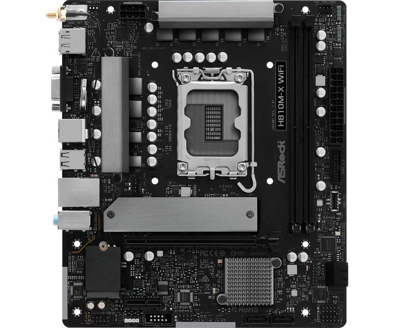 Asrock H810M-X WiFi. Processor manufacturer: Intel, Processor socket: LGA 1851 (Socket V1), Compatible processor series: Intel Core Ultra (Series 2). Supported memory types: DDR5-SDRAM, Maximum internal memory: 128 GB, Memory slots type: DIMM. Supported storage drive interfaces: M.2, SATA III