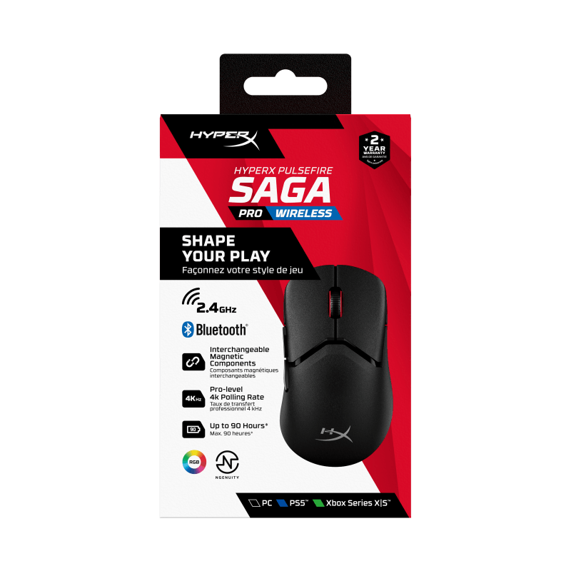 Mouse wireless HP Hyperx Pulsefire Saga Pro, rezolutie 26000 dpi, 6 butoane, HyperX 26K Sensor, Iluminare RGB, baterie 450mAh Li-ion, Autonomie 90 ore, negru