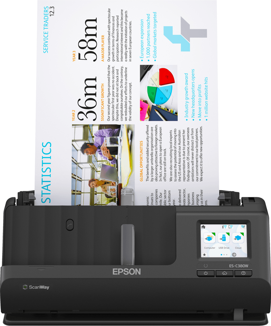 EPSON ES-C380W A4 Compact Network Sheetfed Scanner, PC-FREE scan, Rezolutie optica: 600 x 600 DPI, Sursa lumina: ReadyScan LED technology, Viteza scanare:30ppm, Capacitate ADF: 20 coli, Volum scanare: 3500 pagini/zi, Duplex, Formate: BMP, JPEG, TIFF, multi-TIFF, PDF, searchable PDF, PDF/A, PNG