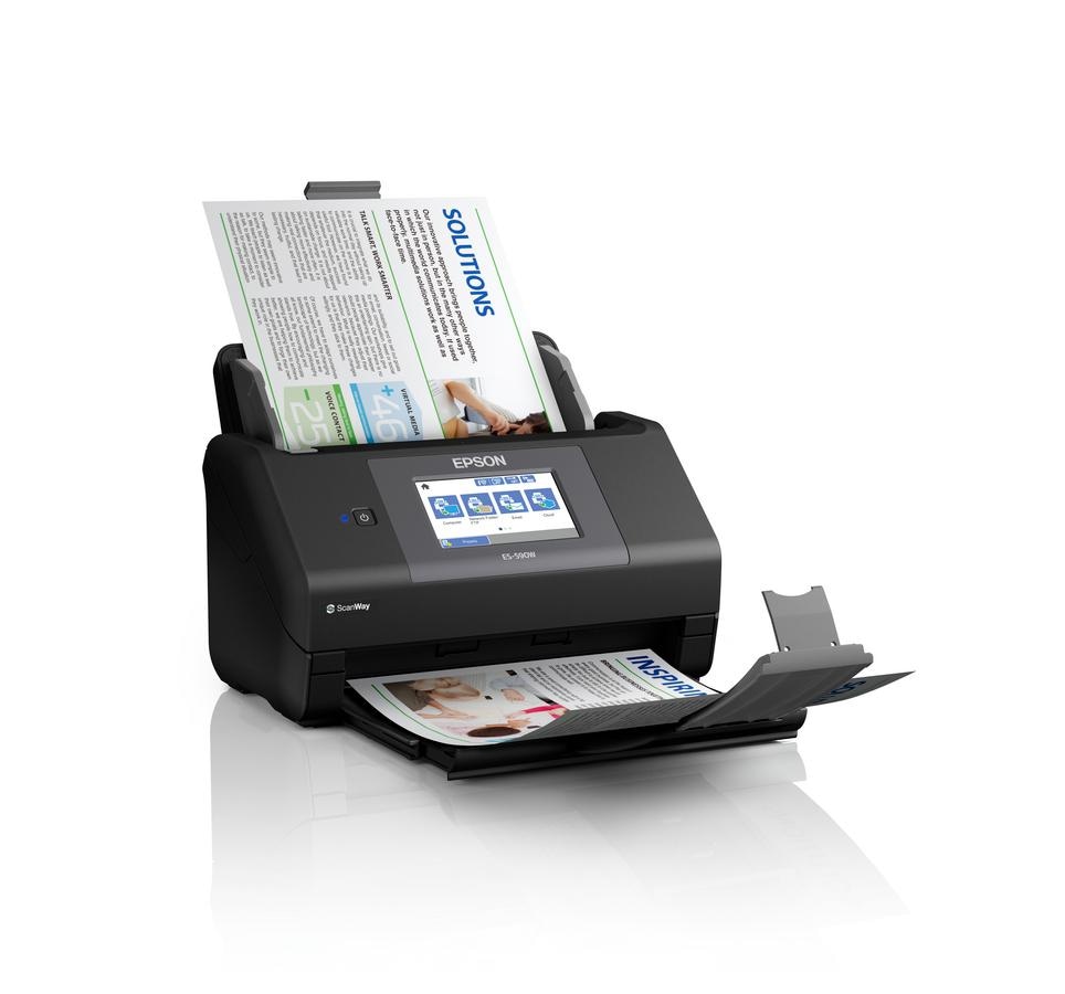 EPSON WORKFORCE ES-590W A4 SCANNER, Format A4, Scanner CIS, Sursa lumina LED, Rezolutie: 600 x 600 DPI, Senzor ultrasonic, Touchscreen 10.9cm, Viteza scanare: 45ppm, Capacitate : 100 coli, Volum zilnic:5000 pagini, Duplex single pass, Interfata: USB, WI-FI, LAN, Dimensiuni: 296‎ x 169 x 167 mm