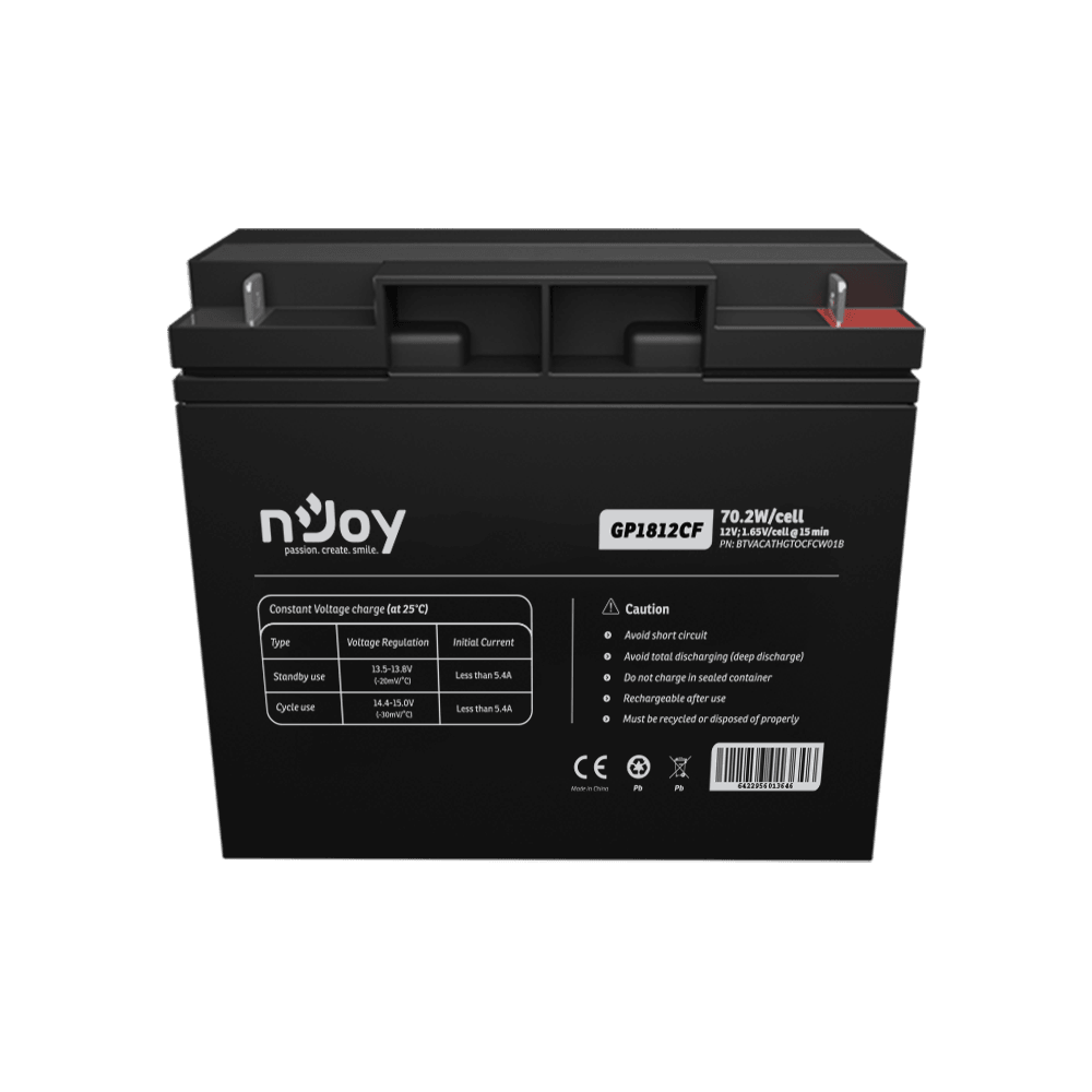 Acumulator NJOY GP1812CF 12V 181x77x167mm, Cycle use 14.4V- 15.0V max. current 5.4A, Float use 13.5V- 13.8V, Terminal T3 (M5), Power 70.2W/ cell