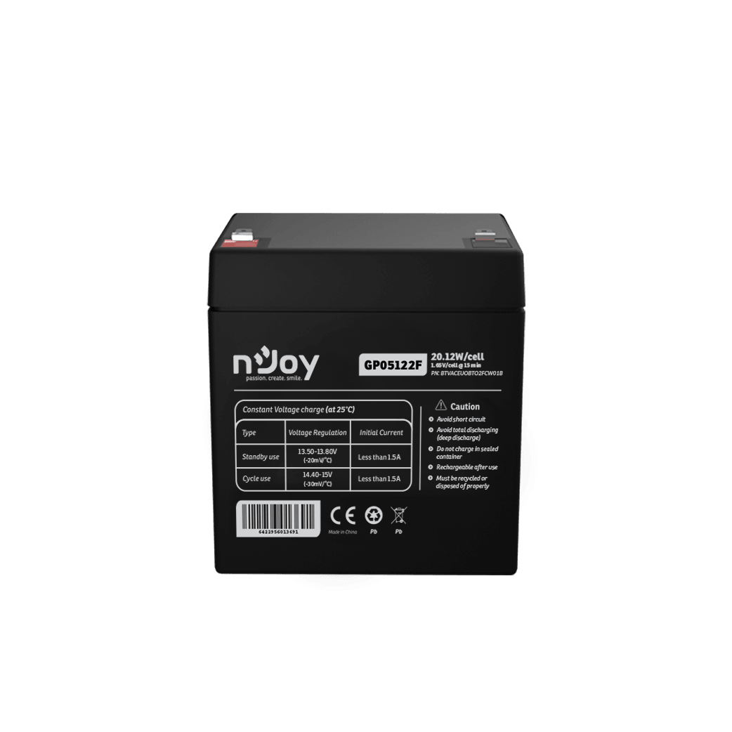 Acumulator nJoy GP05122F  12V 23.51W/cell  Battery Model GP07122F Voltage 12V Power (1,65V/cell@15 min) 23.51W/cell Type VRLA - maintanance free Designed Floating Life 3~5 years Nominal Operating Temp. Range 25o C ± 3o C Terminal F2 terminal -Faston Tab 250 Construction Container & Cover ABS Safety