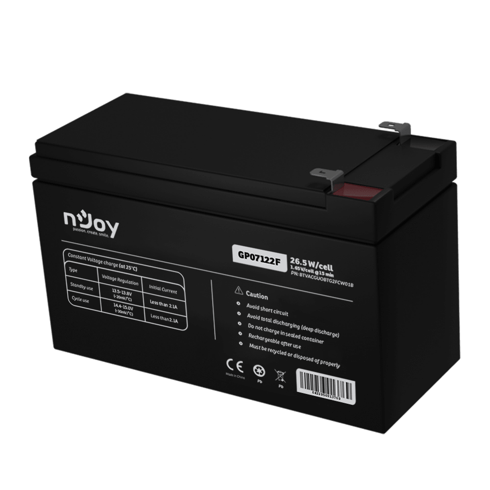 Acumulator nJoy GP07122F 12V 23.51W/cell  Battery Model GP07122F Voltage 12V Power (1,65V/cell@15 min) 23.51W/cell Type VRLA - maintanance free Designed Floating Life 3~5 years Nominal Operating Temp. Range 25o C ± 3o C Terminal F2 terminal -Faston Tab 250 Construction Container & Cover ABS Safety