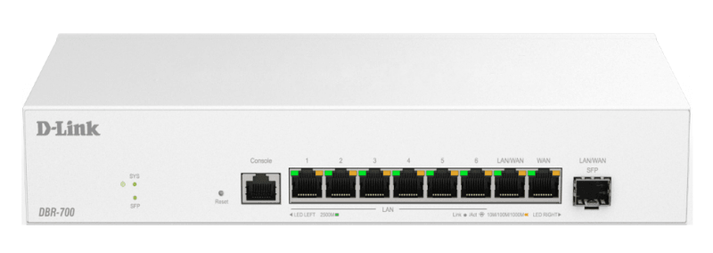 Router de afaceri D-Link DBR-700, 2.5G dual WAN, echilibrare incarcare si failover, VPN (IPSec, WireGuard, OpenVPN, PPTP, L2TP), firewall SPI, port SFP, management AP central pentru pana la 15 AP-uri