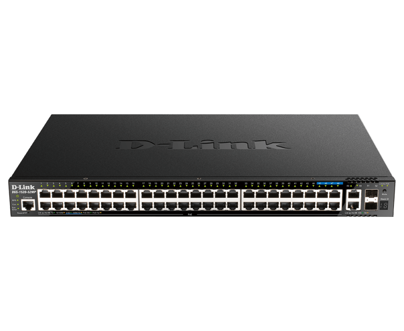 Switch D-Link DGS-1520-52MP, 48 porturi Gigabit, 2 porturi SFP+, Capacity 80Gbps, 16K MAC, 17" Rackmount, 1*fan