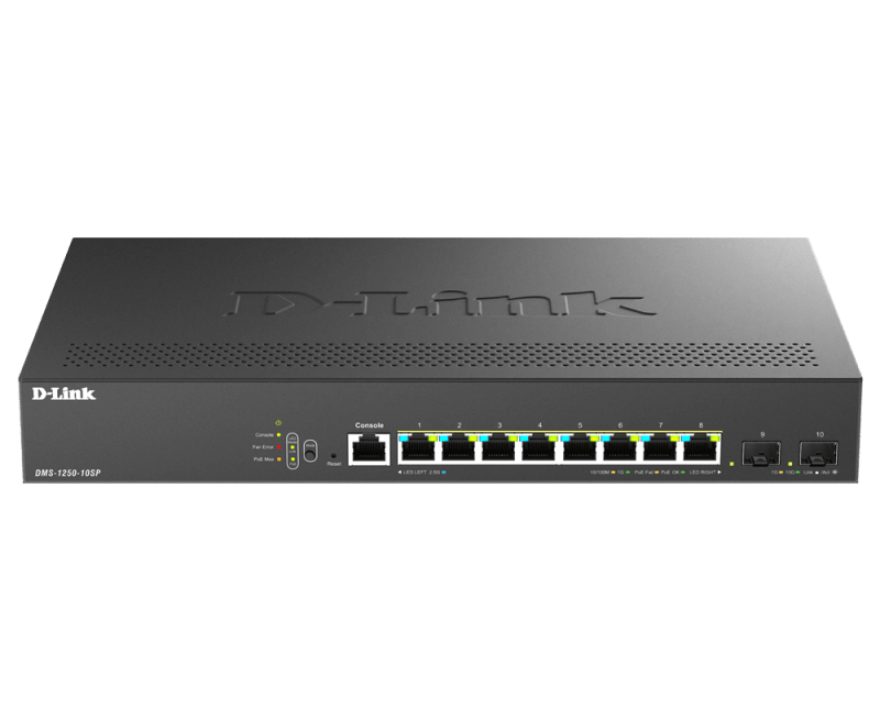 Switch D-Link DMS-1250-10SP , 8 porturi Gigabit, 2 porturi SFP+, Protocol 802.1D STP 802.1s MSTP 802.1w RSTP, rackabil