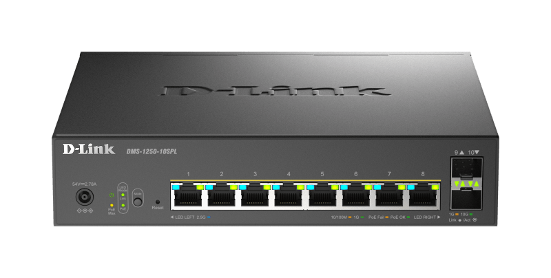 Switch D-Link DMS-1250-10SPL, 8 porturi Gigabit, 2 porturi SFP+, Protocol 802.3bt+802.3af/at, rackabil