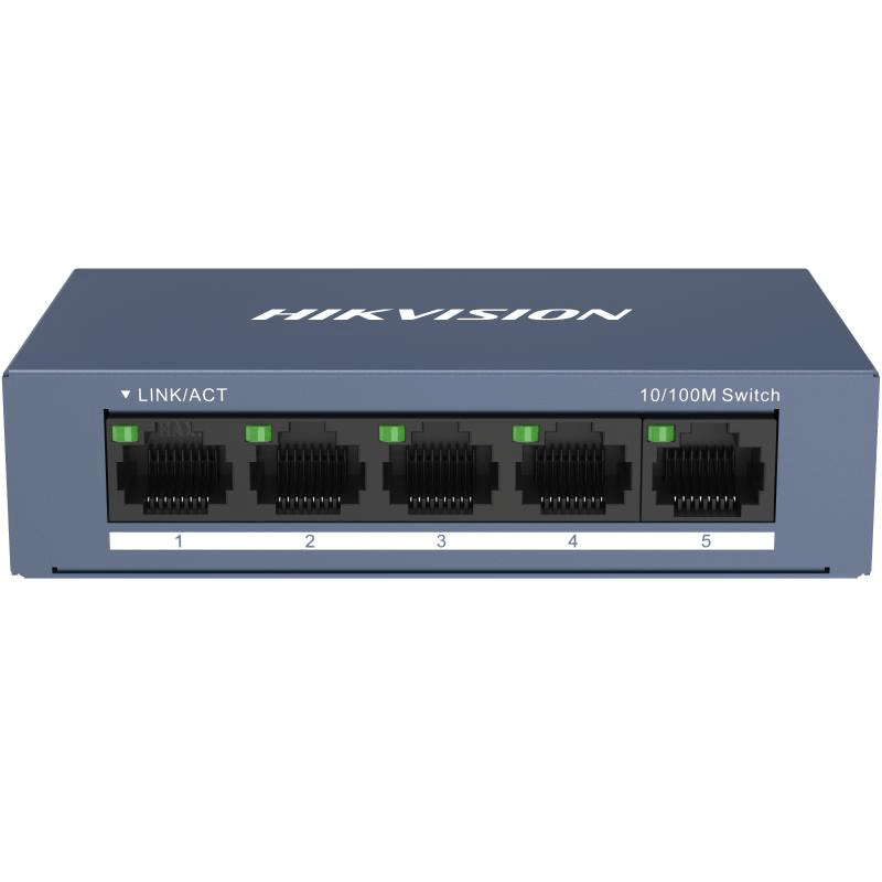 Switch Hikvision DS-3E0105-O: 5 × 10/100 Mbps RJ45 Port, tensiune alimentare 5 VDC, 1A., dimensiuni: 103.05 mm × 25.6 mm × 61.1 mm, greutate: 0.15kg, montare pe birou sau pe perete.