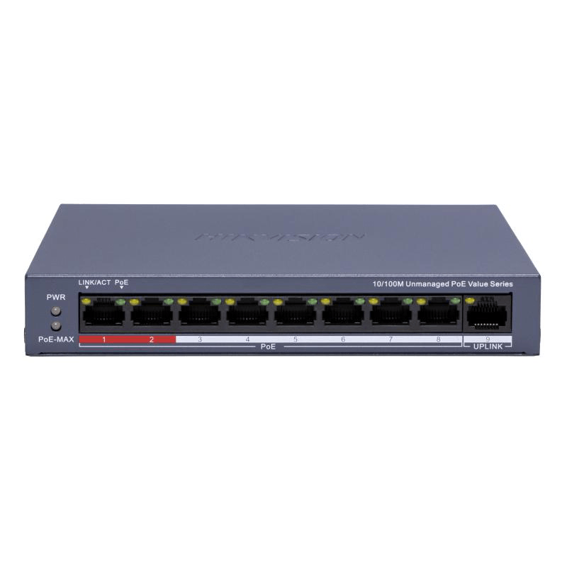 Switch POE 8 porturi Hikvision DS-3E0109P-E/M(C), fara management; 8 x 10/100 Mbps PoE port,1 × 10/100 Mbps RJ45 port, IEEE 802.3af;IEEE 802.3at, PoE power budget 80W, distanta transmisie: 300m;