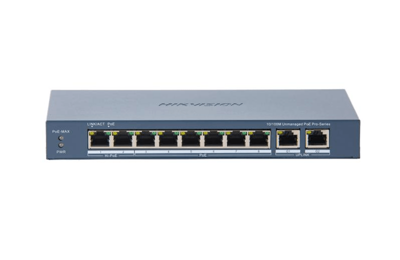 Switch PoE Hikvision DS-3E0310HP-E(C): 8 × 10/100 Mbps PoE port,2 × Gigabit RJ45 port, 16 porturi PoE maxim 30W, buget PoE 130W, tensiune alimentare: 54 VDC, 2.22 A., dimensiuni: 217.6 mm × 27.6 mm × 108.5 mm, greutate: 1.27kg, montare pe birou.