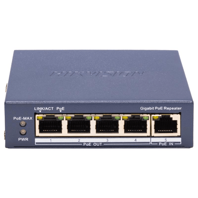 Repetor PoE Hikvision DS-3E0505P-E/R: 5 × 10/100 Mbps PoE PoE RJ45 port, 4 porturi PoE maxim 30W, buget PoE 60W, dimensiuni: 105.00 mm × 27.6 mm × 83.1 mm, greutate: 0.25kg, montare pe birou sau pe perete.