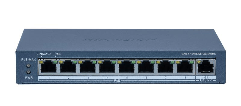 Switch 8 porturi POE Hikvision DS-3E1309P-EI(B), Smart Managed, 8 × 10/100M PoE ports,1 × Gigabit RJ45 port, PoE power budget 110W, maxim 30W per port, distanta transmisie 300 metri in modul extended, Switching capacity 3.6 Gbps, Packet forwarding 2.68 Mpps, material metal, dimensiuni: 170 mm × 27.6