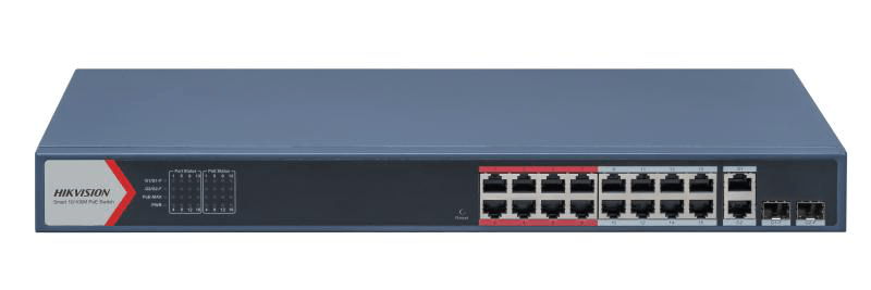 Switch 16 porturi POE Hikvision DS-3E1318P-EI(B), L2, Smart Managed, 16 × 100 Mbps PoE RJ45 ports si 2 × porturi gigabit, Putere PoE 230W, maxim 30W per port, Extend mode - pana la 300 metri,  Switching capacity 7.2 Gbps, Visualized Topology Management, Network Health Monitor, Real-Time Alarm Push