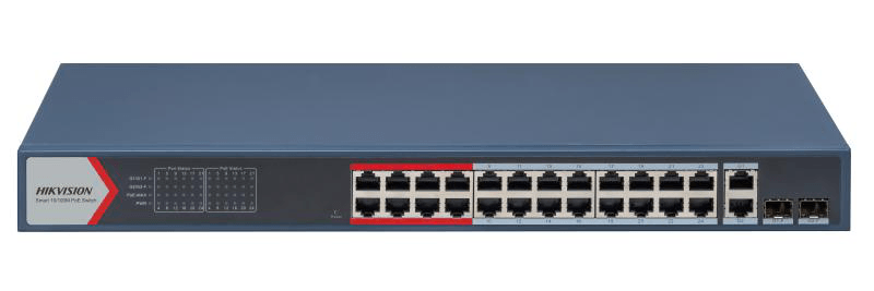 Switch 24 porturi Hikvision DS-3E1326P-EI(B), L2, Smart Managed, 24 × 10/100 Mbps PoE RJ45 ports si 2 × gigabit combos, Putere PoE 370W, Extend mode - pana la 300 metri, maxim 30W per port, Switching capacity 8.8 Gbps, Network topology management, alarm push, network health monitor, video control