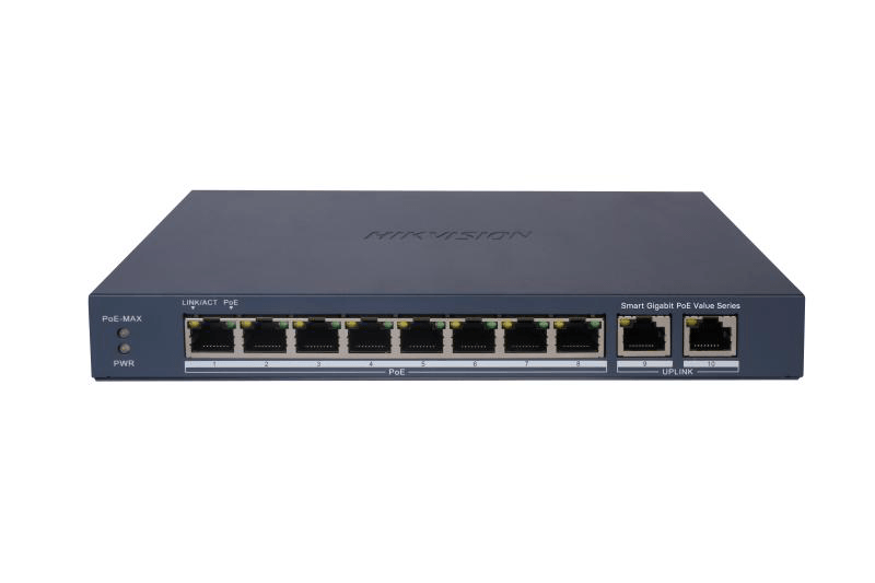 Switch 8 porturi Gigabit, Hikvision DS-3E1510P-EI/M, 8 × gigabit PoE ports, and 2 × Gigabit RJ45, IEEE 802.3af,IEEE 802.3at,  MAC address table: 4 K, PoE power budget 60W (Max. port power 30W), material metal, dimensiuni: 217.6 mm × 27.6 mm × 108.5 mm, greutate: 1.08 kg