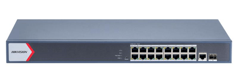 Switch PoE Hikvision DS-3E1518P-EI/M: 16 x gigabit PoE RJ45 ports, 1 × gigabit RJ45 port, 1 x gigabit fiber optical port, 16 porturi PoE maxim 30W, buget PoE 130W, tensiune alimentare 100~240 VAC, 50/60 Hz, Max. 2.5 A, dimensiuni: 440.0 mm × 220.8 mm × 44.0 mm, greutate: 2.7kg, montare in rack.