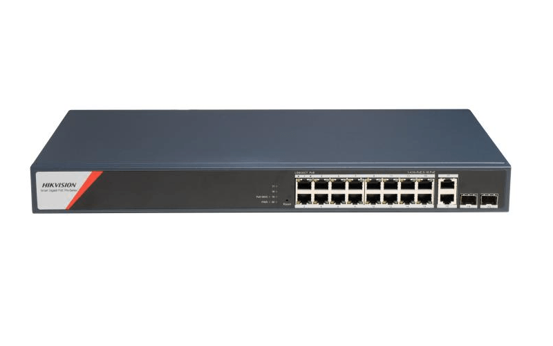 Switch PoE Hikvision DS-3E1520HP-SI-16P2T2F: 16 x 10/100/1000 PoE Ports, 2 × 10/100/1000 Mbps RJ45, 8 porturi PoE maxim 90W, buget PoE 230W, tensiune alimentare: 100-240V~ 50/60Hz 4 A, dimensiuni: 440 mm × 44 mm × 220.8 mm, greutate: 2.73kg, montare pe birou sau in rack.