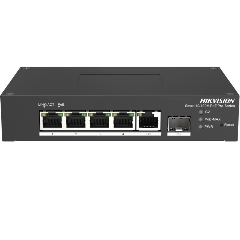 Switch PoE Hikvision DS-3T1306P-SI/HS: 4 × 10/100 Mbps PoE port,1 × Gigabit RJ45 port,1 × Gigabit fiber optical port, PoE: Ports 1 to 4 maxim 30W, buget PoE 60W, tensiune alimentare: 48VDC, 1.36A, dimensiuni: 158.00 mm × 101.20 mm × 31.60 mm, greutate: 1kg, montare pe birou sau sina.