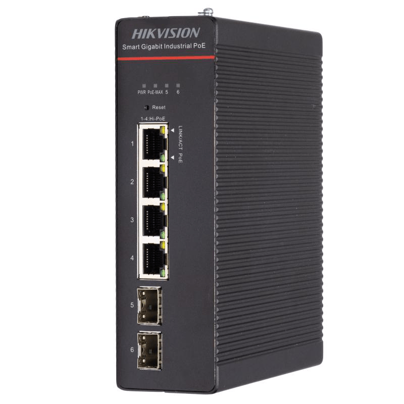 Switch PoE Hikvision DS-3T1506HP-SI-4P2F: 4 x Gigabit Hi-PoE RJ45 Ports, 2 × Gigabit SFP Fiber Optical Ports, 4 porturi Hi-PoE maxim 90W, buget PoE 300W, tensiune alimentare: 48 V DC, 57 A / 52 V~57 V recommended input voltage to ensure stable power supply, IP40, dimensiuni: 155.00 mm × 46.00 mm ×