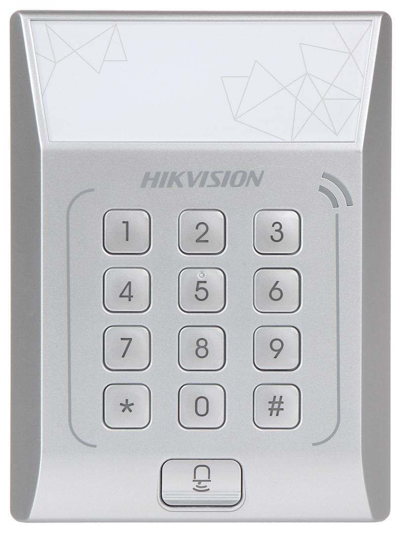 Cititor standalone cu tastatura si card de proximitate Hikvision, DS- K1T801M; suporta cartele MIFARE, Capacitate 3000 cartele, Autentificare: card sau card si parola; Intrari: buton de iesire x1, contact de usa x1; Iesiri: sonerie x1, incuietoare electrica x1; Alimentare: DC 12V/1A; Dimensiuni