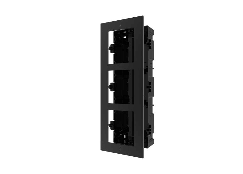 Panou frontal pentru 3 module videointerfon modular Hikvision DS-KD- ACF3; permite conectarea a 3 module de videointerfon modular; montareincastrata; material aluminiu, doza de plastic inclusa; dimensiuni:337.8mm x 124mm × 4mm; culoare: negru.