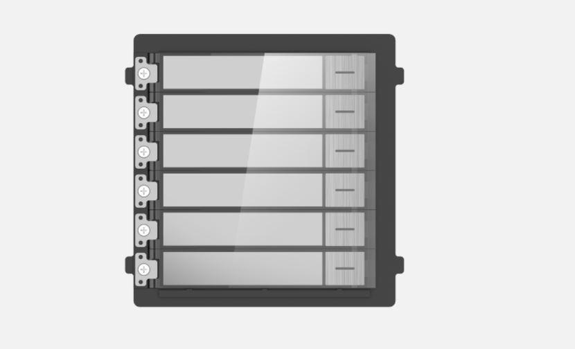 Modul de extensie videinterfon cu sase butoane de apelare Hikvision DS- KD-KK/S; montaj aplicat sau ingropat (acesoriile de montaj nu sunt incluse), customizare afisare nume; iluminare pe timp de noapte; Conectare RS-485, 1 x Input; 1 x Output; protectie: IP 65; material otrel inoxidabil