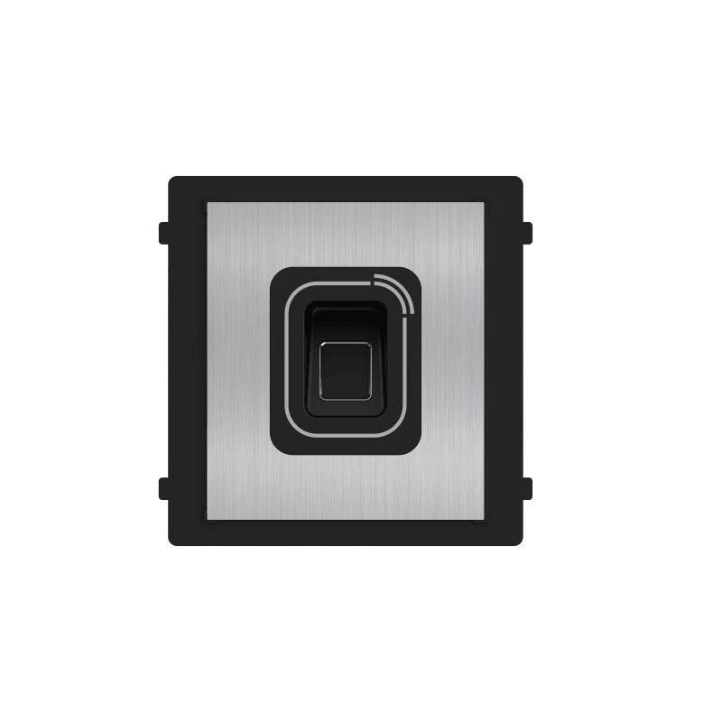 Modul cititor biometric si card Mifare pentru videointerfon modular Hikvision DS-KD-MFB/S; carcasa inox, deschidere usi cu card acces Mifare 13.56 MHz (cardurile nu sunt incluse) si cu amprenta; protectie IP 65; Dimensiuni: 100 mm × 100 mm × 35 mm; Temperatura de functionare: -30°C to +60°C;