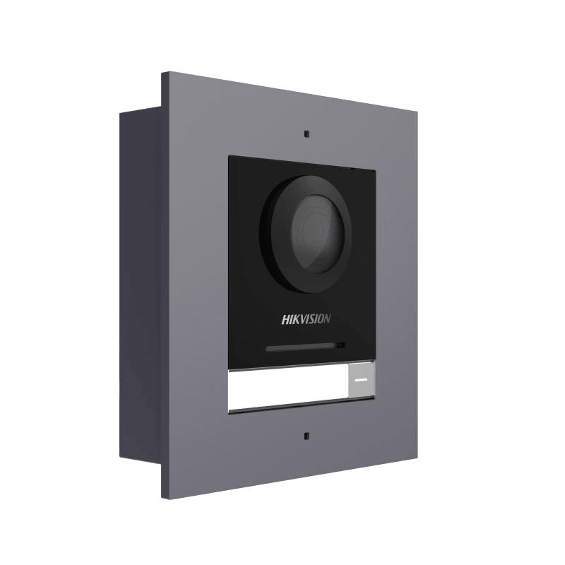 Post exterior modular videointerfon IP Hikvision DS-KD8003-IME1(B)/FL, montaj ingropat, 1 buton, 2000 de utilizatori, autentificare prin card, IP65, alimentare: 12 VDC, 500 mA, IEEE 802.3af, PoE, dimensiuni: 99.76 mm × 98 mm × 42.04 mm, greutate: 0.375kg, temperatura de functionare: -40 °C to 60 °C.