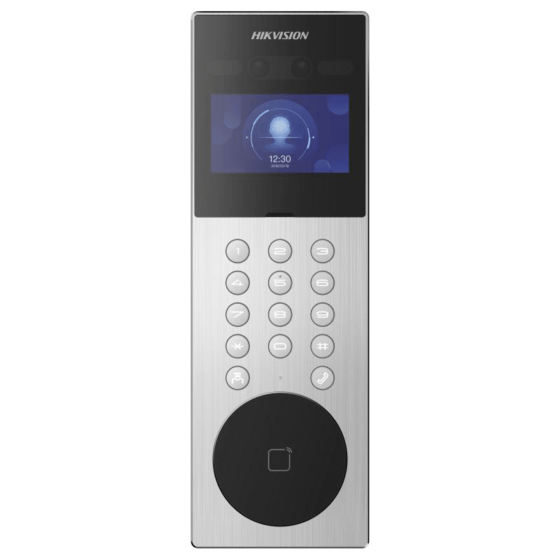 Post exterior videointerfon IP Hikvision DS-KD9203-ME6, recunoastere faciala, pin, card, 10000 de utilizatori, ecran LCD 800 × 480px, IP65, instalare aparenta, alimentare: 12 VDC, 1.5 A, dimensiuni: 373 mm × 124 mm × 43.7 mm, greutate: 0.405kg, temperatura de functionare: -30 °C to 60 °C.