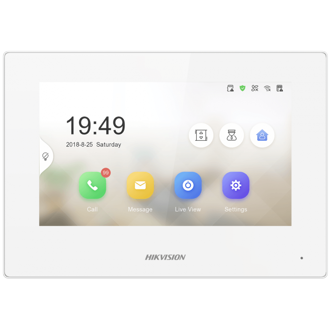 Monitor videointerfon ALB 7inch color Hikvision DS-KH6320-LE1/WH(B) LCD Resolution 1024 × 600, ROM 32 MB, RAM 128 MB, Audio compression standard G.711 U, G.711 A, Event capacity 200 alarm records, 2 MB RAM reserved for events, Linked doorphone capacity 17 IP doorphones, Network interface 1 RJ-45