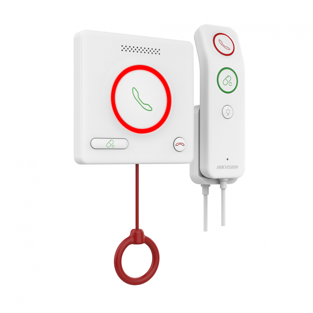 BUTON DE APELARE MEDICALA cu telecomanda Hikvision DS-KHH6020X-H;  1x RJ45 port, alimentare: DC12V/private POE, protectie: IPX5 Intercomunicare bidirecțională și alarme inteligente: – Comunicarea vocală clară între pacienți și personalul medical (statia de management a personalului medical) este