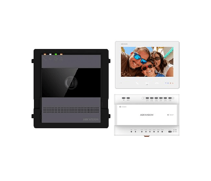 Kit videointercom IP Hikvision DS-KIS704EY/AL; kit-ul contine: 1x DS- KH7300EY-WTE2/WH, 1x DS-KD-ACW1, 1x DS-KD7003EY-IME2/AL, 1x DS- KSD7040EY, 1x 36W DIN RAIL PSU, 1x 32GB TF CARD, caracteristici post exterior: 2MP HD camera, IR, WDR, microfon inclus, difuzor inclus, 1 buton, alimentare: 12 VDC