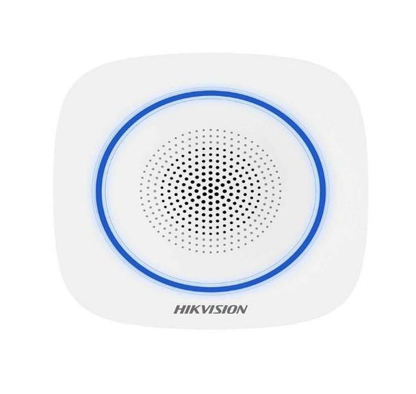 Sirena interior wireless AX PRO Hikvision DS-PS1-II-WE Buzzer Decibel: 90 to 110 dB,  fire alarm, panic alarm, and intrusion alarm, Operation temperature –10°C to 55°C,Four CR123 batteries, Support 12 VDC Power Supply, Power interface 12 VDC,  CAM-X Wireless Technology ,Dimension:130 × 128 × 39.5