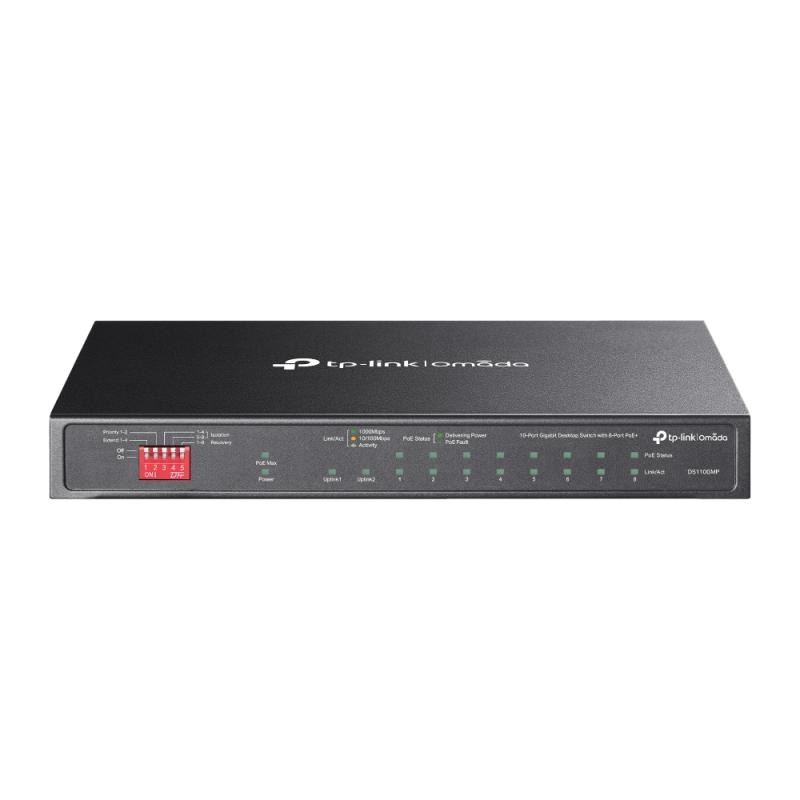 Omada 10-Port Gigabit Desktop Switch with 8-Port PoE+ PORT: 8× Gigabit PoE+ Ports, 2x Gigabit Non-PoE Ports, 1× Combo Gigabit SFP Slot SPEC: 802.3at/af, 123 W PoE Power,  Desktop Steel Case FEATURE: Extend Mode for 250m PoE Transmitting, Priority Mode for Port1-2, Isolation Mode, PoE Auto Recovery