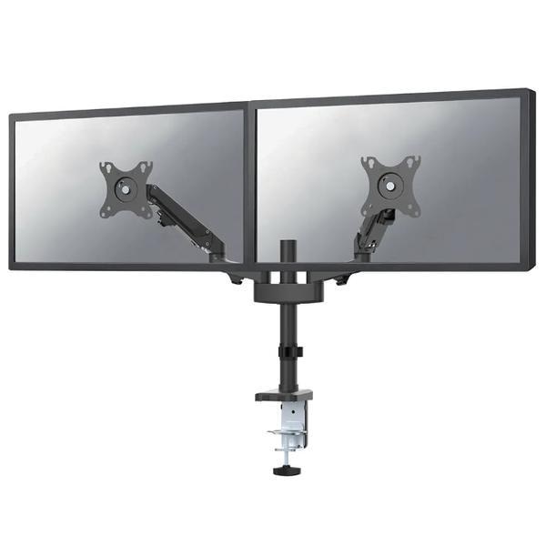 Brat de birou pentru monitor Neomounts, poate sustine 2 monitoare cu diagonala display 17-27", suporta pana la 14kg per monitor, full motion, +45°, -45° inclinatie, +90°, -90° swivel, +180°, -180° rotatie,  VESA min 75x75, VESA max 100x100, reglabil pe inaltime: 7,3-48,1 cm, negru. Garantie 5 ani