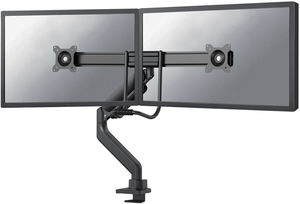 Brat dublu pentru monitor Neomounts, tip full motion, pentru display-uri cu diagonale 17"-32", sistem de prindere VESA 75x75~100x100mm, greutate maxima suportata 8kg per ecran, tilt  +10°, -10°, swivel +90°, -90°, rotate +180°, -180°, reglabil pe inaltime 28cm, ajustarea latimii 54cm, ajustarea