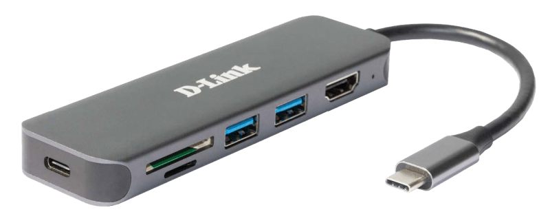 D-Link DUB-2327 6-in-1 USB-C Hub with HDMI, SD/microSD card reader and power delivery, 1* USB-C connector, 1* HDMI Port, 2* USB Type- APort (USB 3.0), 1* SD card slot, 1* microSD card slot, 1* USB-C powerdelivery.