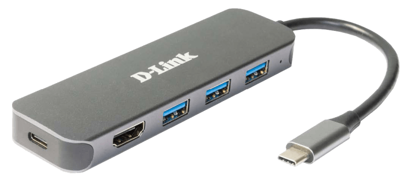 D-Link DUB-2333 5-in-1 USB-C Hub with HDMI and power delivery, 1* USB-C connector, 1* HDMI Port, 3* USB Type- APort (USB 3.0), 1* USB-C powerdelivery.