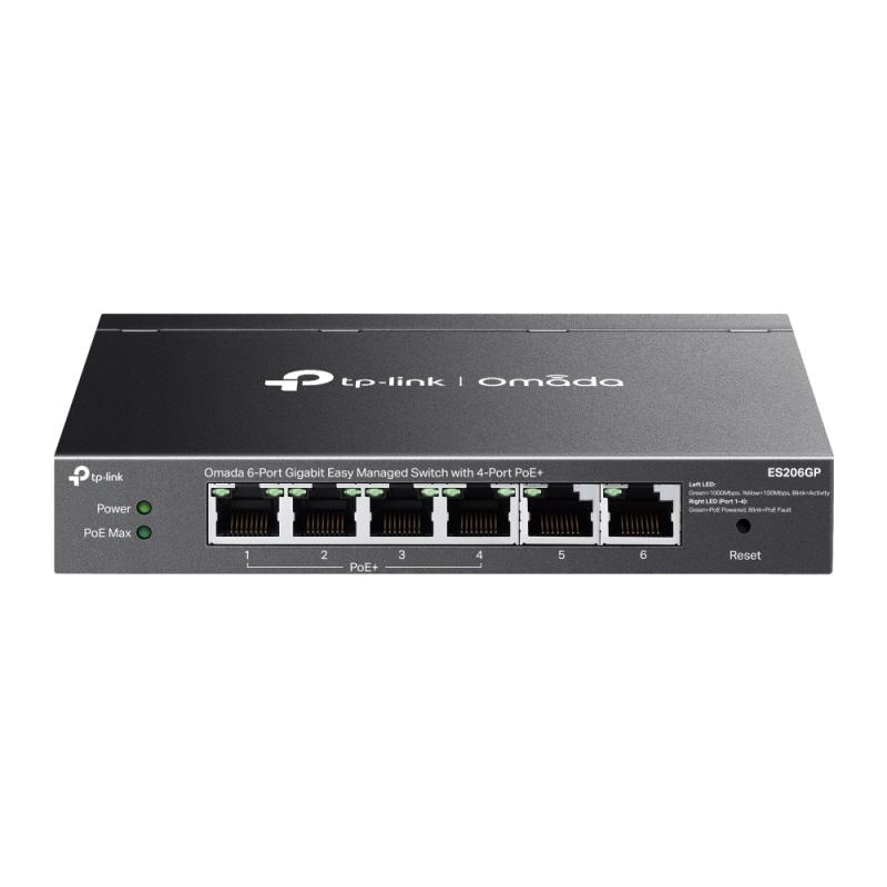 Omada 6-Port Gigabit Easy Managed Switch with 4-Port PoE+ PORT: 4× Gigabit PoE+ Ports, 2x Gigabit Non-PoE Ports SPEC: 802.3at/af, 65W PoE Power, Desktop Steel Case and Fanless FEATURE: Integration with Omada SDN Controller and Omada Cloud Essentials, Fast PoE, Perpetual PoE, Flow Control, Loopback