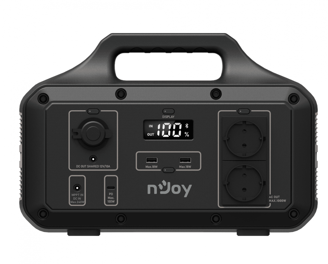 Statie portabila pentru exterior NJOY POWER BASE 600, adaptor AC (240 W max), panou solar MPPT 12V-32V (240 W max), adaptor auto DC 12V Car (120 W max), 2x USB TYPE A (18 W max), 1x USB TYPE C (100 W max), DC 5525 12V (120 W max), Priza auto 12V (120 W max), 2x AC Schuko 230V (600W max), 1000+