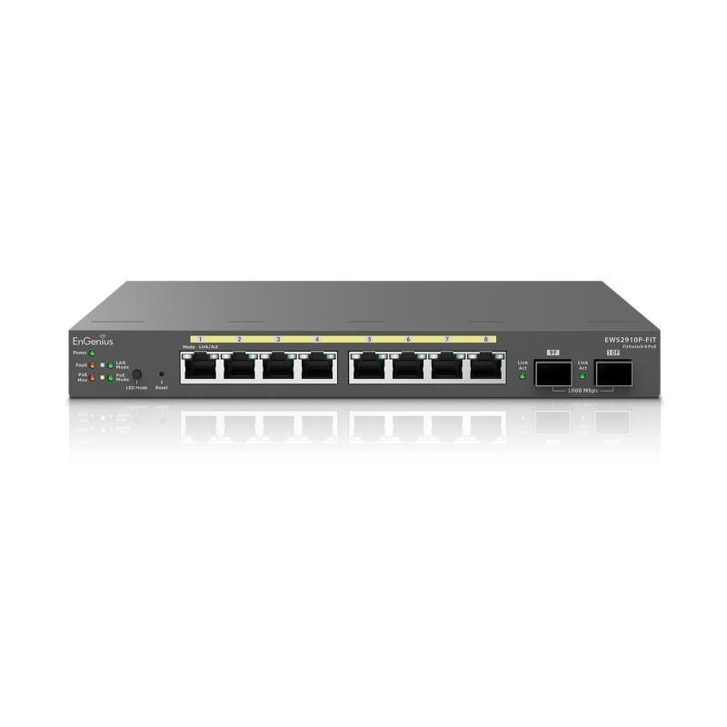 EnGenius Managed / stand-alone Desktop 8-port GbE 55W  Switch (PoE+) with 2x SFP 8-port GbE PoE switch.af/at(+) 55W, 2xSFP Desktop/Wall Mount