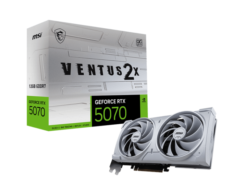 MSI GeForce RTX5070 VENTUS 2X OC White. Graphics processor family: NVIDIA, Graphics processor: GeForce RTX 5070. Discrete graphics card memory: 12 GB, Graphics card memory type: GDDR7, Memory bus: 192 bit. Maximum resolution: 7680 x 4320 pixels. DirectX version: 12 Ultimate, OpenGL version: 4.6