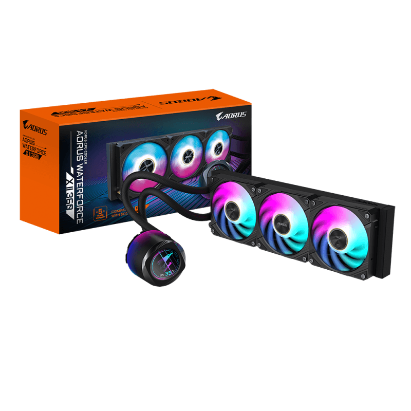 GIGABYTE AORUS WATERFORCE X II 360. Type: All-in-one liquid cooler, Fan diameter: 12 cm, Maximum air pressure: 3.15 mmH2O. Product colour: Black