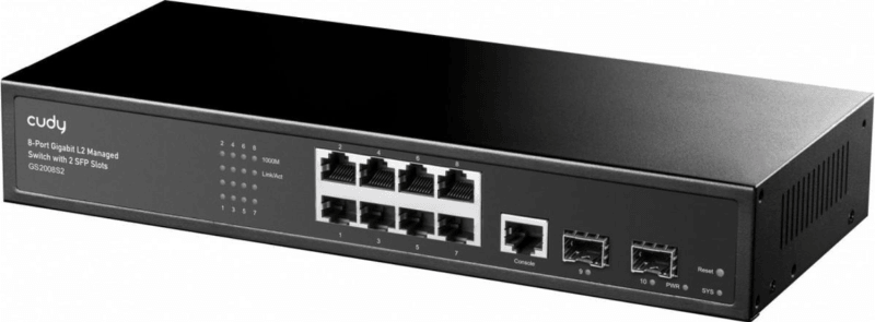 CUDY Switch Managed 8-Port Layer 2 10/100/1000M, 8x porturi Gigabit Ethernet + 2x porturi Gigabit SFP + 1 port management, backplane bandwidth 20Gbps, suporta dial-up VLAN, extensie 250 metri, functie Layer 2 network management, suport routare, DHCP, VLAN, MAC address, ACL Access control, QOS